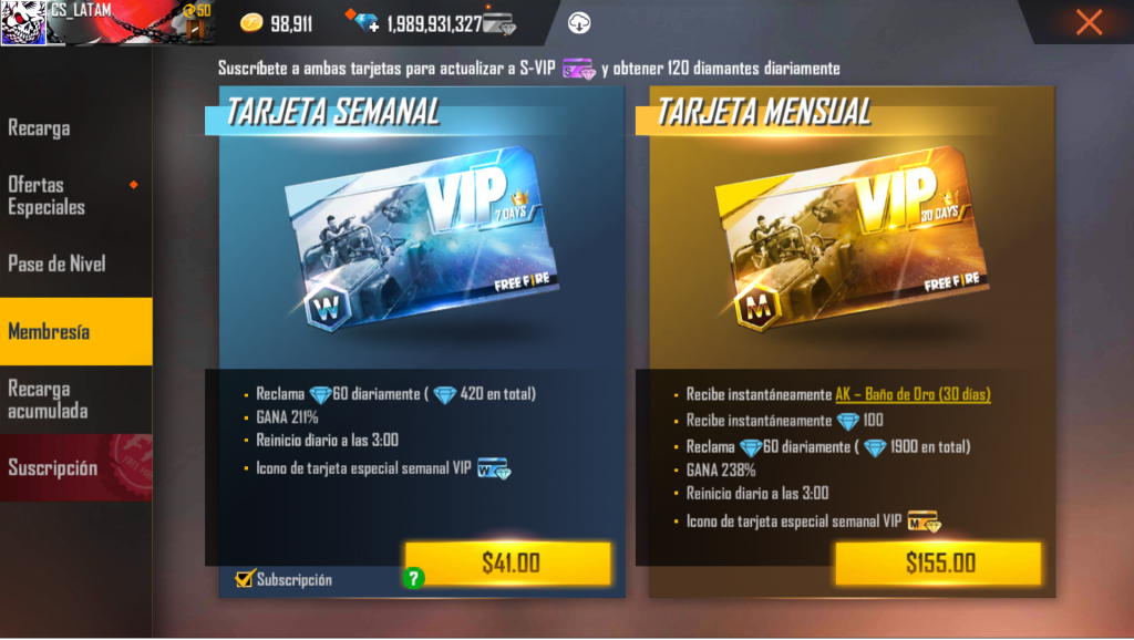 Suscripcion semanal y mensual